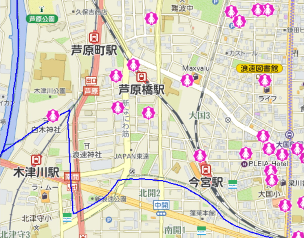 芦屋橋駅女性被害犯罪発生MAP